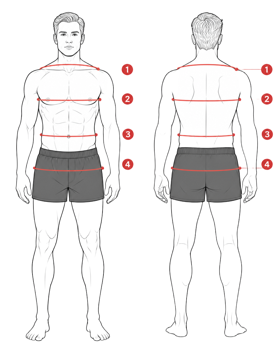 Ilustração das medidas do corpo — vista frontal e posterior com pontos 1 ombros, 2 peito, 3 cintura e 4 quadril